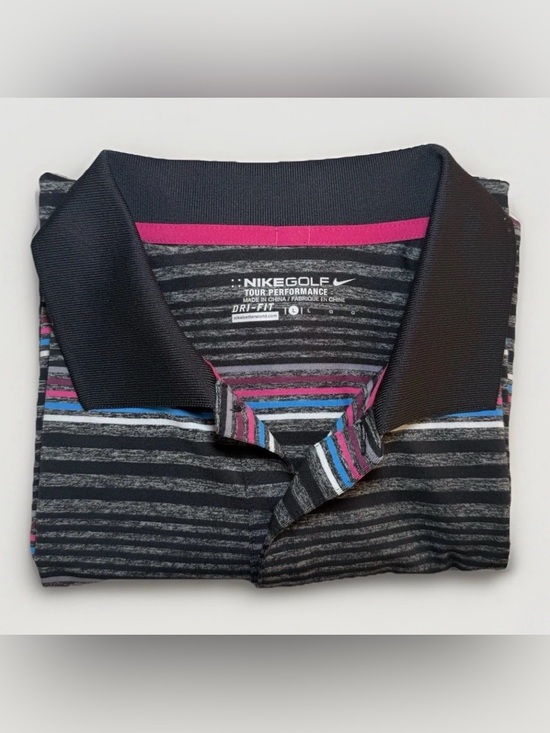 Nike Other - Nike Golf Tour Performance Dri-Fit Polo Shirt Mens Sz L Black Blue Pink Striped